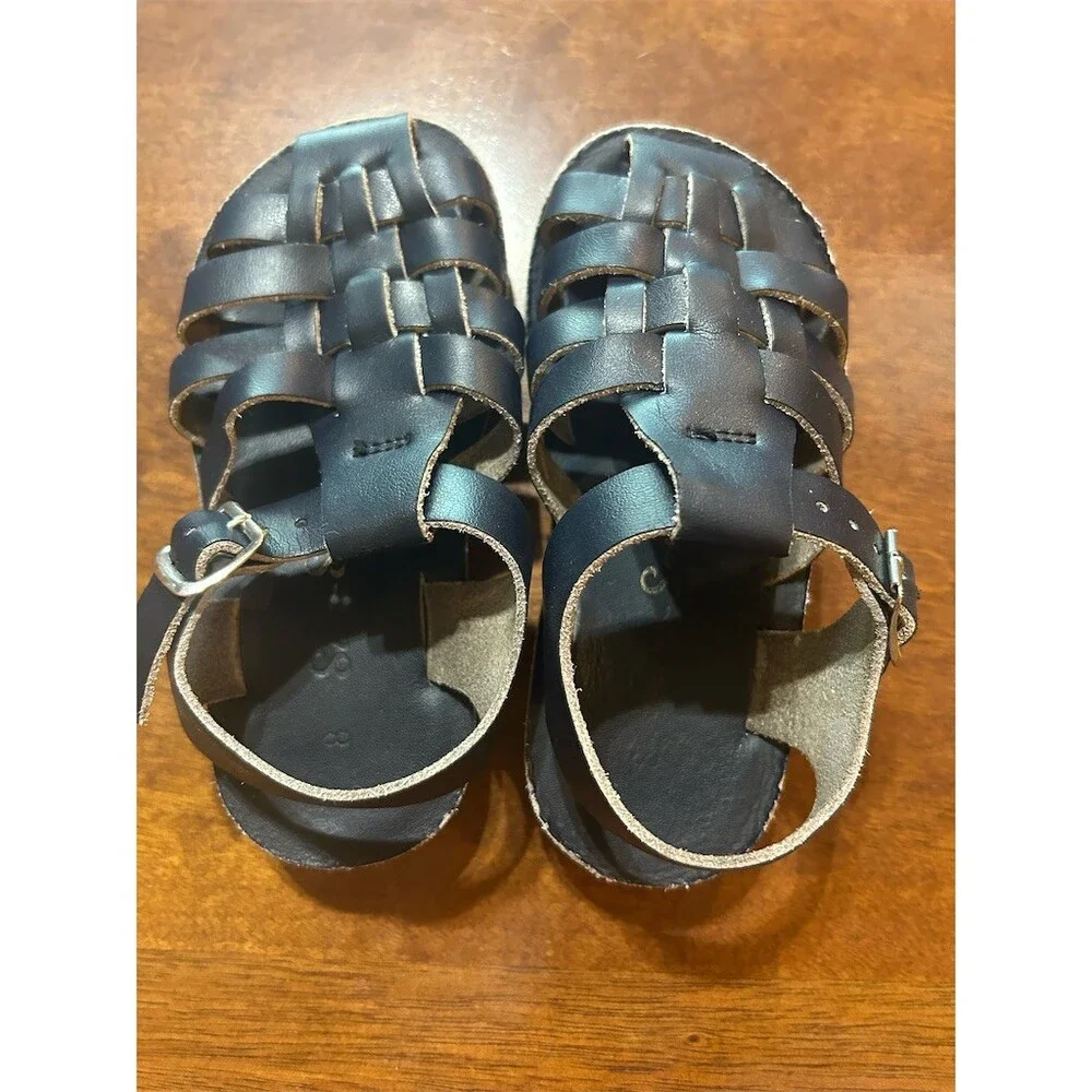 Toddlers Sun-San Salt-Water Blue Leather Fisherman Sandals Buckle Strap Size 8